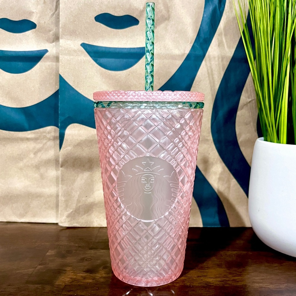 🎁Starbucks 2023 Pearl Pink Green Jeweled Tumbler Grande 16oz